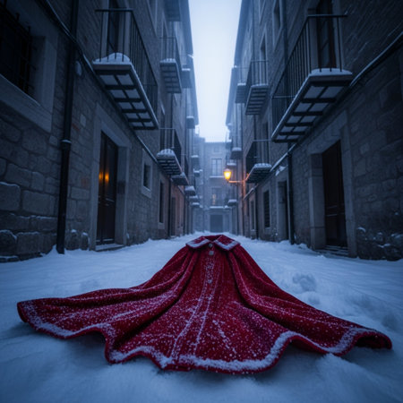 Snowy city street at night with a red blanket on the groundの素材