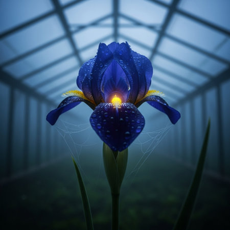 Blue iris in a greenhouse, 3d rendering. Computer digital drawing.の素材