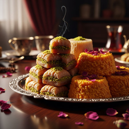 Turkish dessert baklava with pistachios on a dark backgroundの素材