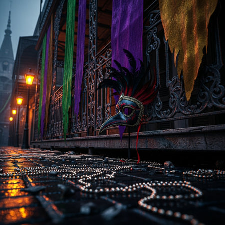 Traditional venetian carnival mask with beads and garlands on the streetの素材
