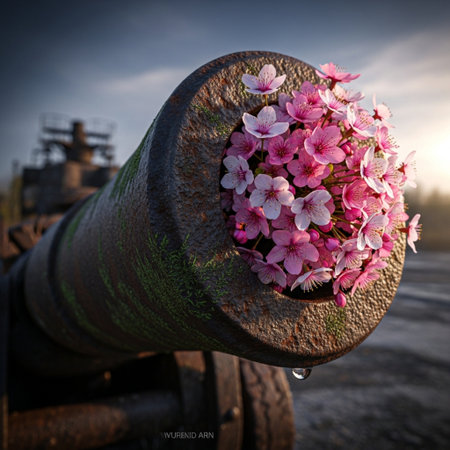 Cannon with pink sakura flowers against the background of the sunsetの素材