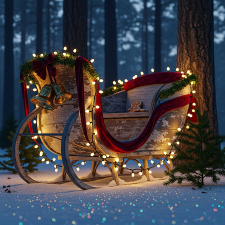 Santa Claus sleigh in the winter forest. 3D rendering.の素材