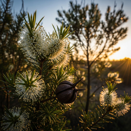 Close up of white flowers on a spruce branch in the sunsetの素材