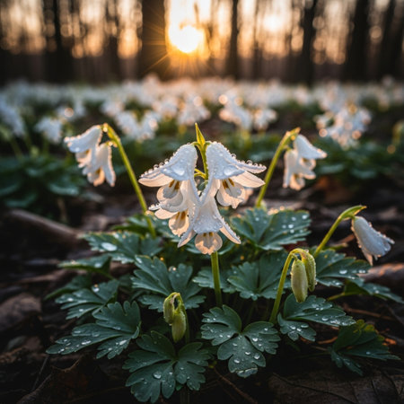 Beautiful first spring flowers in the forest at sunrise. Early spring in Europe.の素材