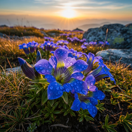 Sunset over the alpine meadow with blue flowers of Gentianaの素材