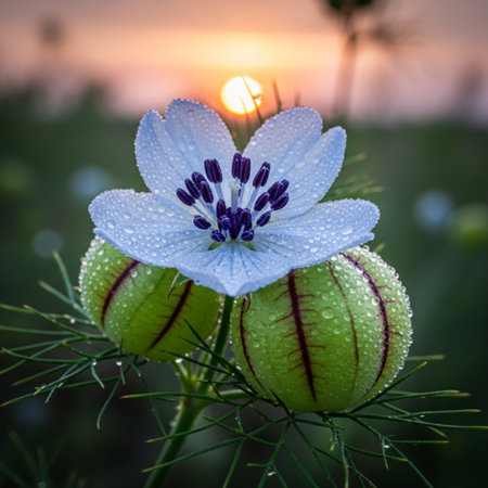 Beautiful blue flower with dew drops on the background of the setting sunの素材