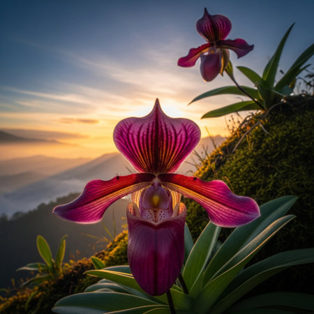 Beautiful Paphiopedilum orchid flower in the morningの素材