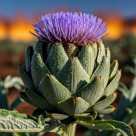 Close up of a purple artichoke flower growing in a fieldの素材