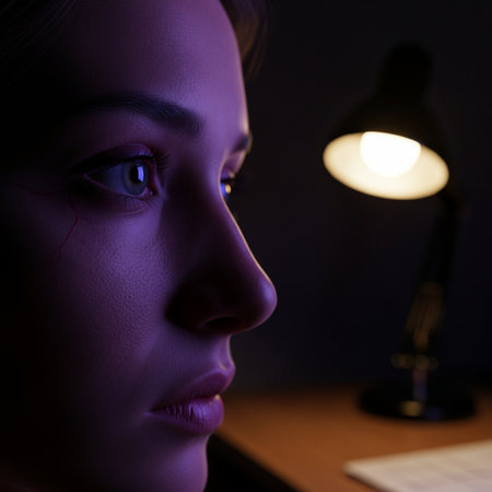 Young woman in dark room at night with computer and lamp. Close upの素材