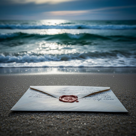 Envelope with wax seal on the beach. Vintage style.の素材