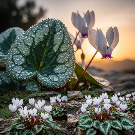 Cyclamen persicum in the garden at sunset with dew dropsの素材