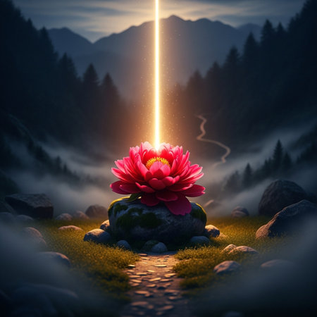 Beautiful red lotus on the rock in the fog. 3d renderingの素材