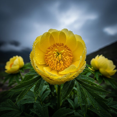 Yellow peony flower with raindrops on the petals after rainの素材