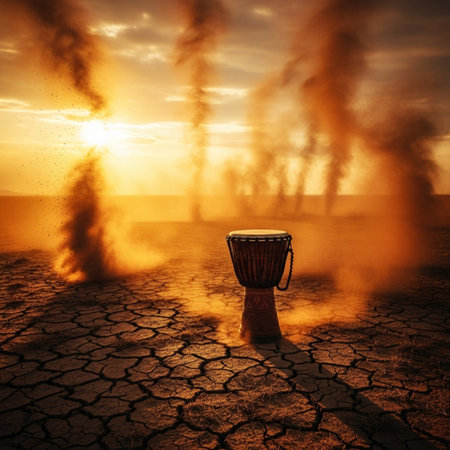 Djembe drum on cracked earth background. Global warming conceptの素材