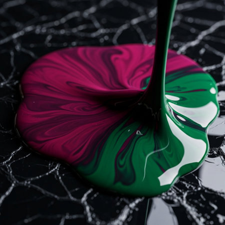 Close up of colorful paint drop splashing on black marble surface.の素材