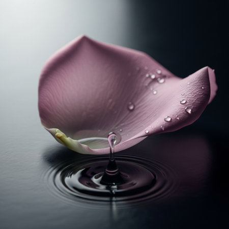 pink rose petal on black background with water drops and reflectionの素材