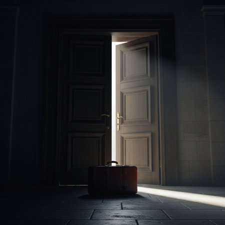 Open door with a suitcase in the dark. 3d rendering.の素材