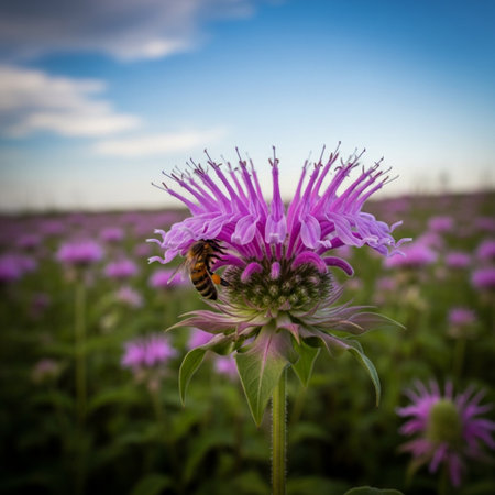 Bee on a purple bergamot flower in the field.の素材