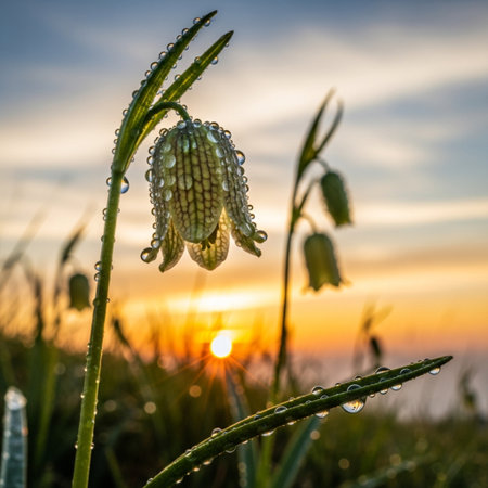 Fritillaria meleagris flower with dew drops at sunriseの素材