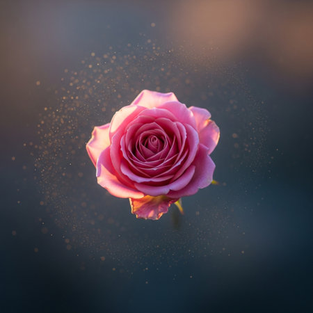 Pink rose on a dark blue background with a lot of particles.の素材
