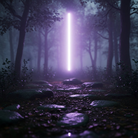 Foggy forest road with neon light. 3D Renderingの素材
