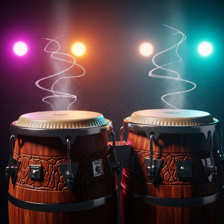 Djembe drum set on a dark background with spotlightsの素材