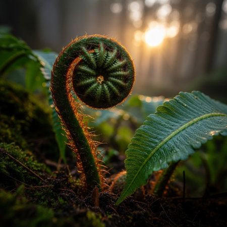 Ferns in the forest at sunrise. Selective focus.の素材