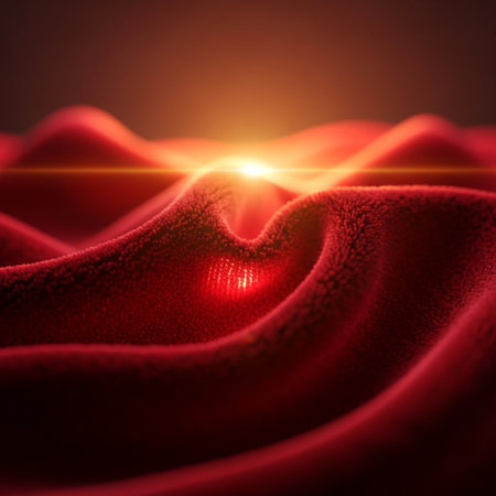3d rendering of abstract red fabric background with waves and light effectsの素材