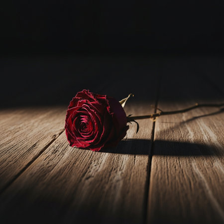 Red rose on wooden table with dark background, shallow depth of fieldの素材