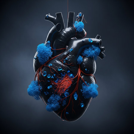 Human heart with blood vessels. 3d render on a dark backgroundの素材