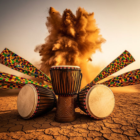Djembe drums in the desert with a cloud of smokeの素材