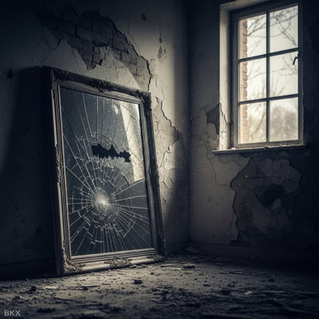 Old broken window with spider web in abandoned room. Halloween concept.の素材