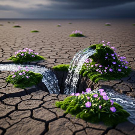 Dry cracked earth with flowers and water stream. Global warming conceptの素材
