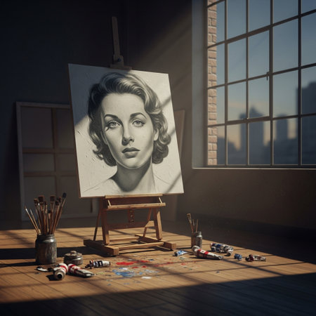 Artistic still life with a painting of a beautiful woman in the roomの素材