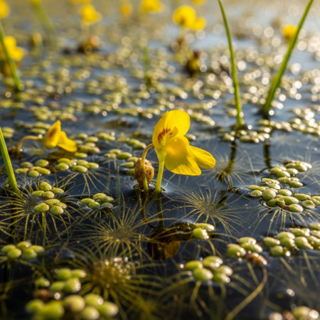 Small yellow flowers in the water. Shallow depth of field.の素材