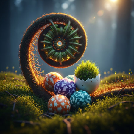 Easter eggs in a nest of moss. 3D rendering.の素材