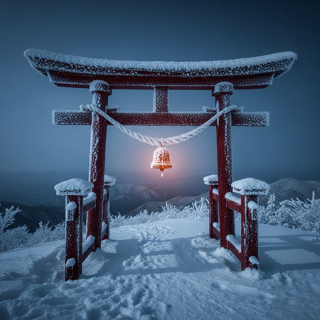 Red torii gate with bell in winter forest, Japan. 3D renderingの素材
