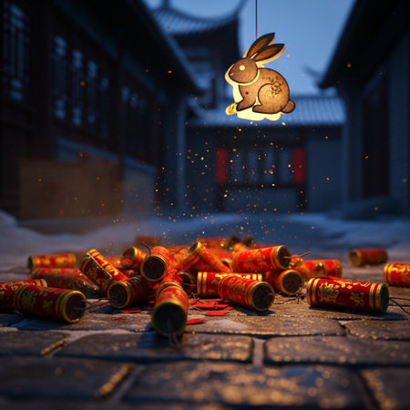Chinese New Year concept. Red paper lanterns with golden rabbit on the street.の素材
