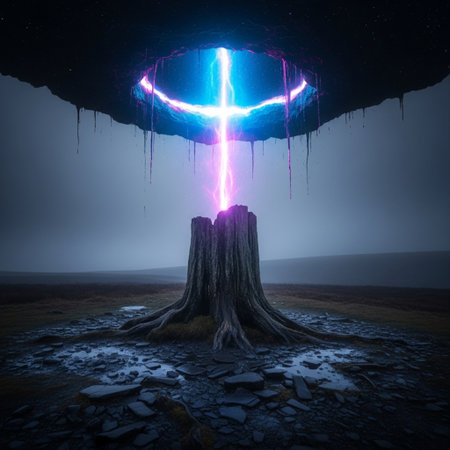 Fantasy landscape with a cross on the tree stump, 3d renderの素材