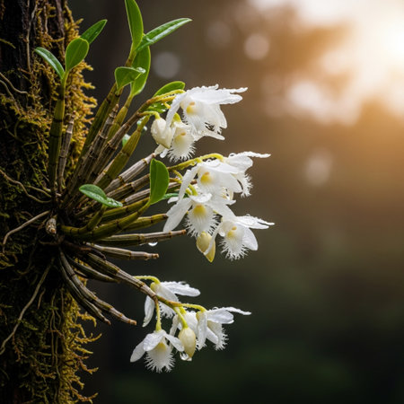 Beautiful white orchid flower in tropical forest. Nature background.の素材
