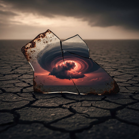 Conceptual image of disaster. Broken broken glass on cracked ground backgroundの素材