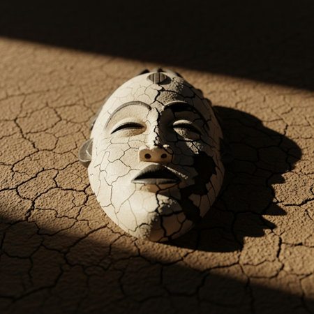 Image of a clay mask in the desert. Conceptual image.の素材