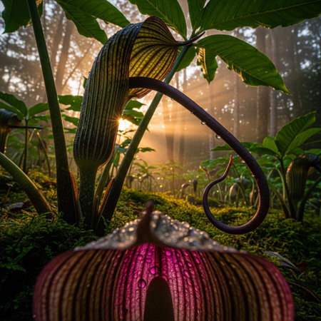 Close up of a giant slipper in the forest at sunrise.の素材