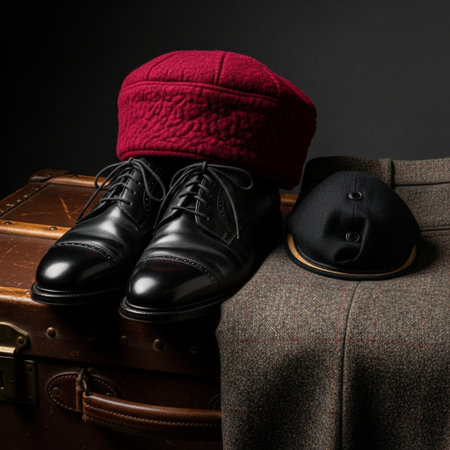 Black leather men's shoes, hat and briefcase on black backgroundの素材