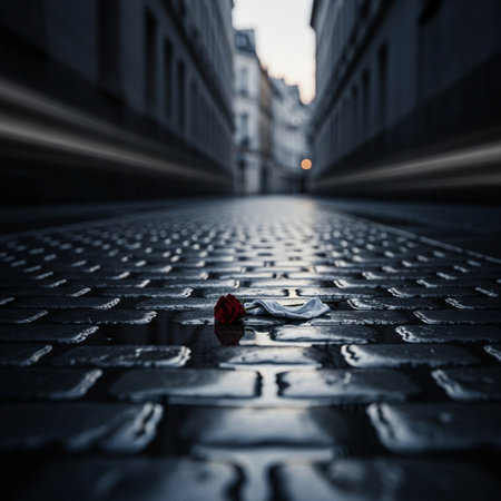 A red rose lies on a cobblestone sidewalk in the evening.の素材