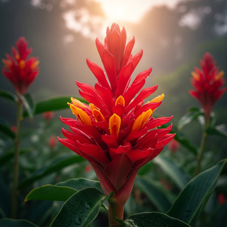 Red flower blooming in the garden with sunlight and fog background.の素材