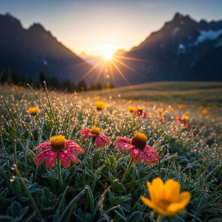 Sunrise in the alpine meadow with blooming flowers.の素材