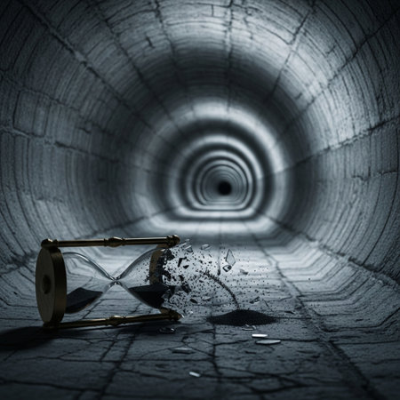 Conceptual image of broken hourglass in a dark underground tunnelの素材