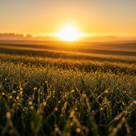 Morning dew on the green grass. Beautiful sunrise in the field.の素材
