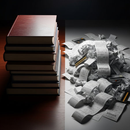 Stack of books and a pile of paper on a wooden table.の素材